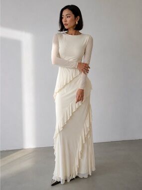 NEW - Elegant Cream Ruffle Maxi Dress Long Sleeve Bodycon Gown